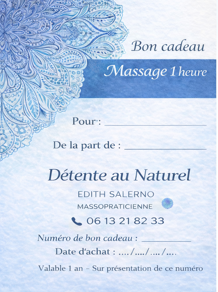 Bon cadeau massage de relaxation d'une heure chez Détente au Naturel